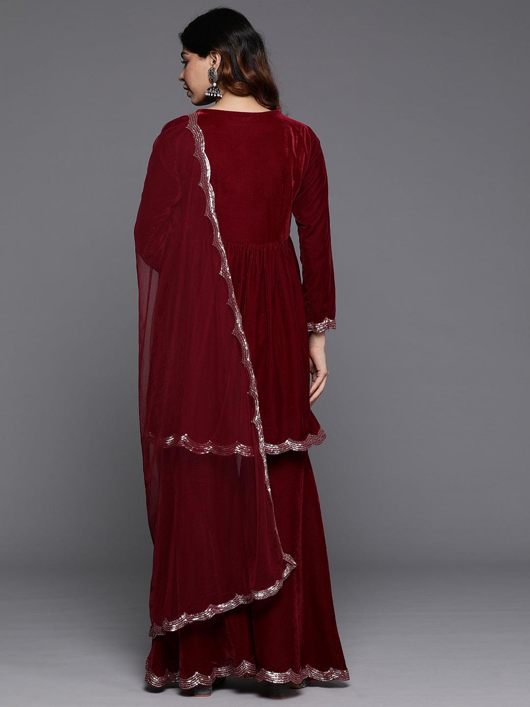 Maroon Embroidered Velvet A-Line Kurti With Sharara & Dupatta