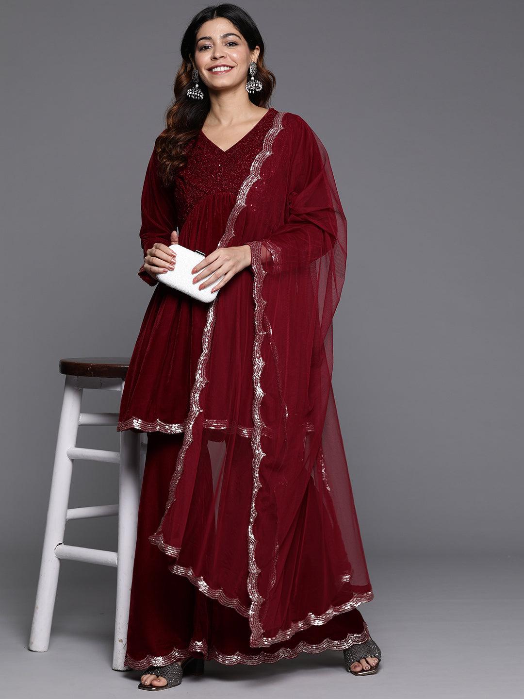 Maroon Embroidered Velvet A-Line Kurti With Sharara & Dupatta