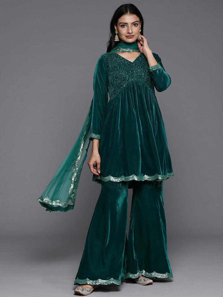 Blue Embroidered Velvet A-Line Kurti With Sharara & Dupatta - ShopLibas