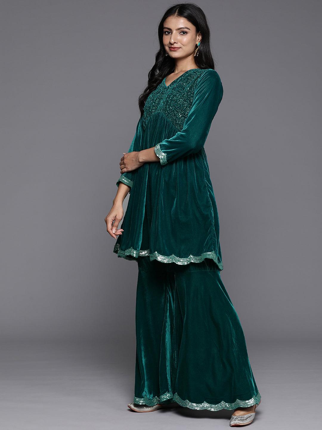 Blue Embroidered Velvet A-Line Kurti With Sharara & Dupatta