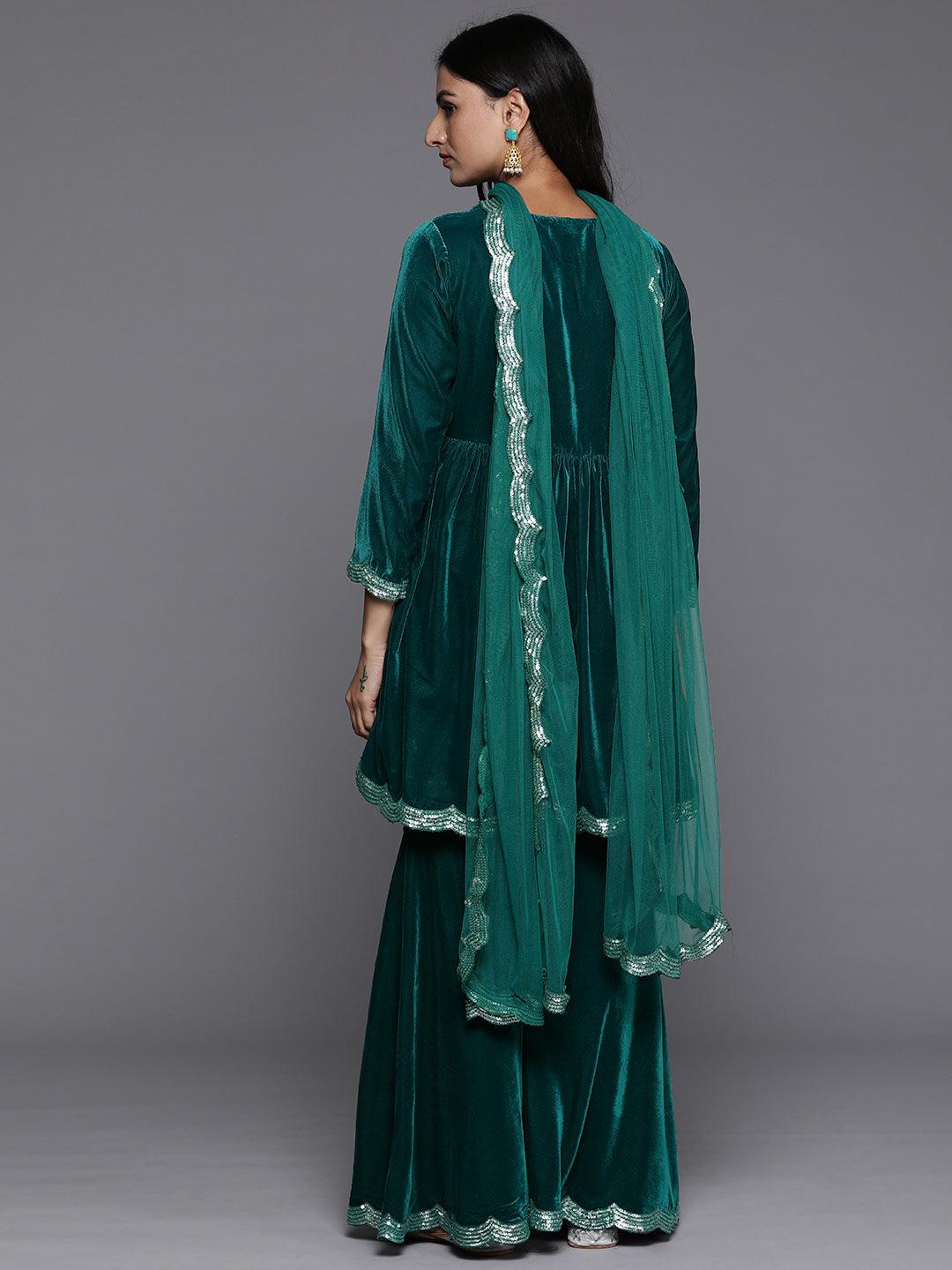 Blue Embroidered Velvet A-Line Kurti With Sharara & Dupatta