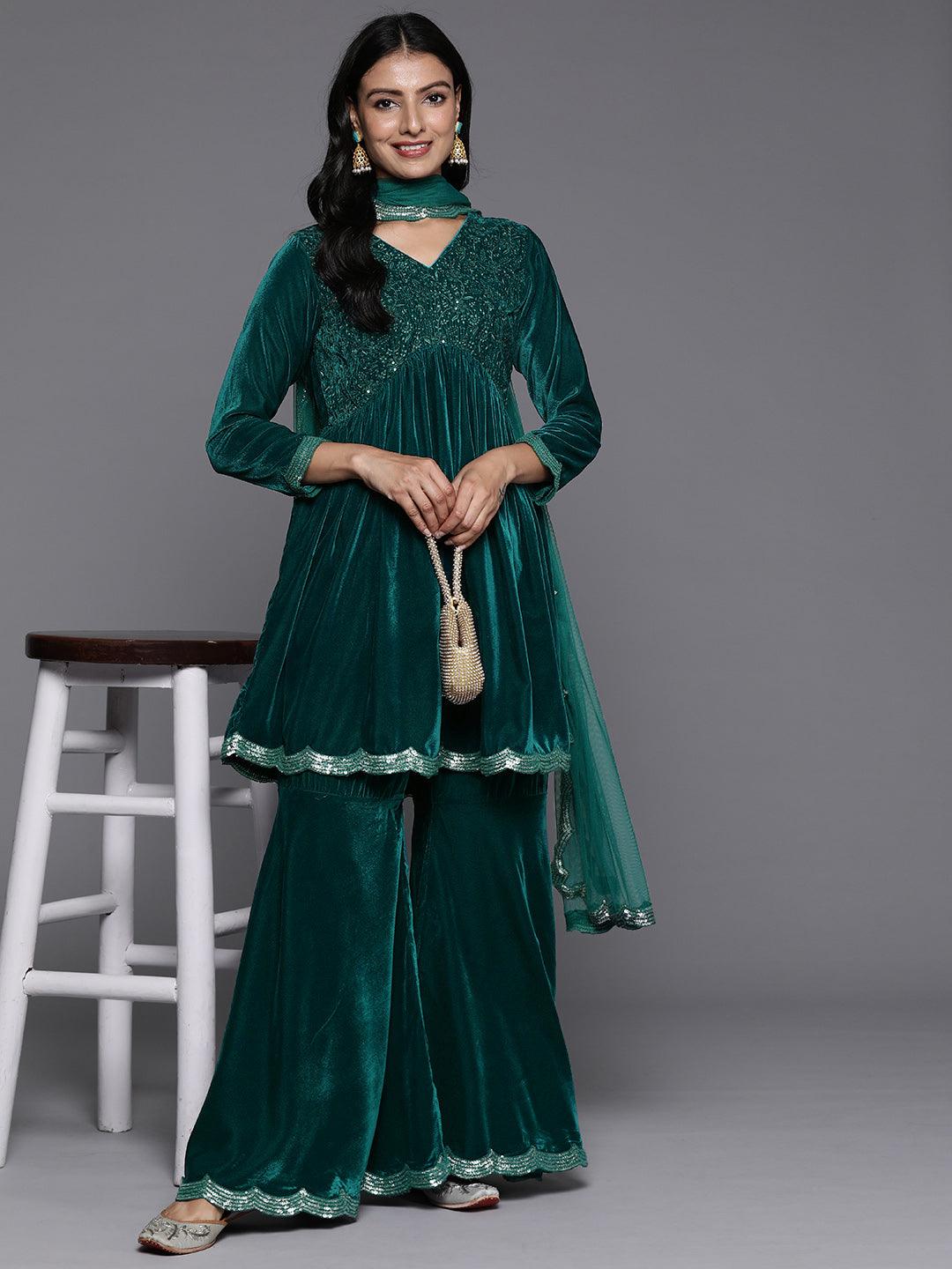 Blue Embroidered Velvet A-Line Kurti With Sharara & Dupatta