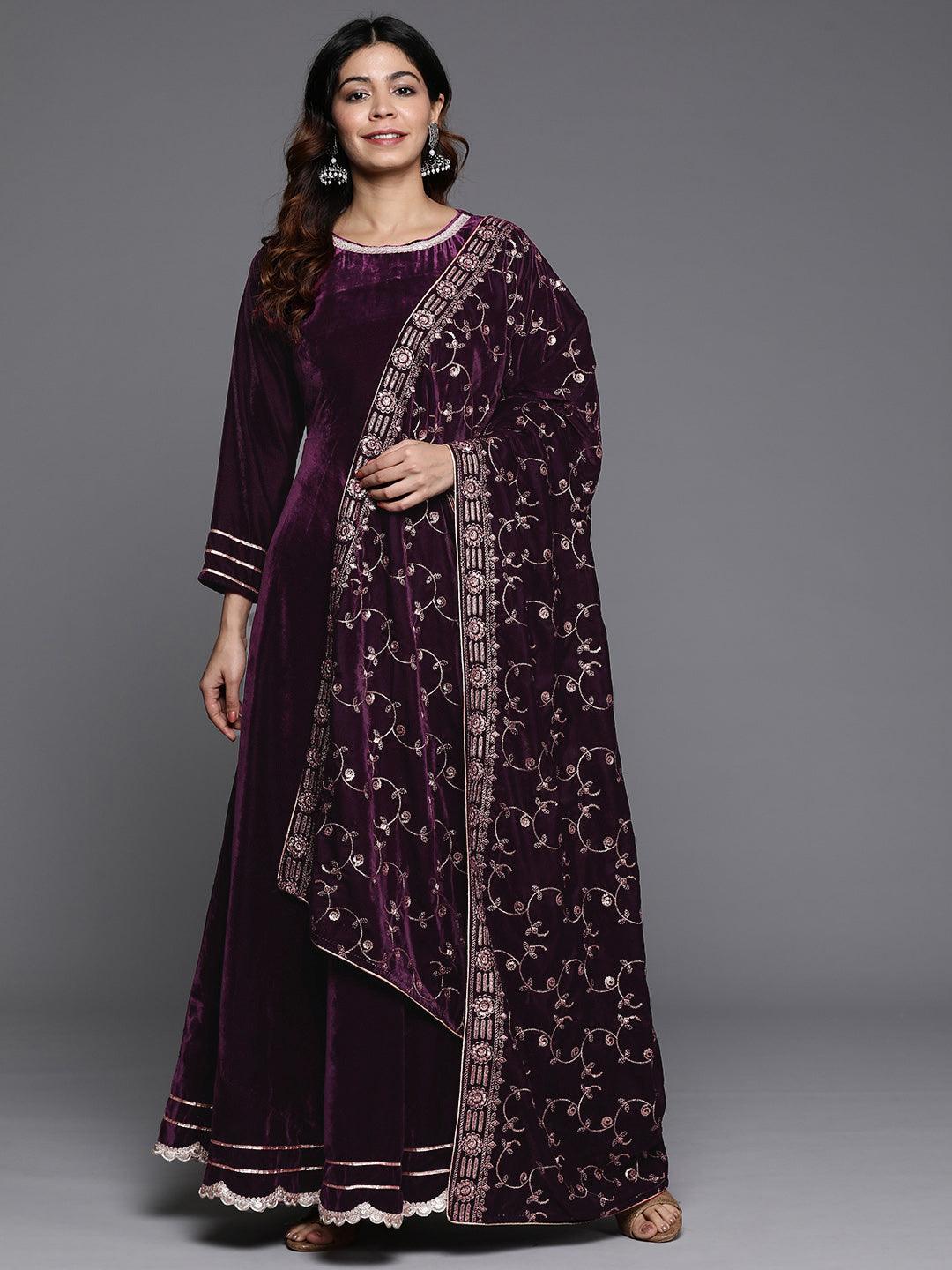 Wine Solid Velvet Anarkali Kurta With Trousers & Dupatta - ShopLibas