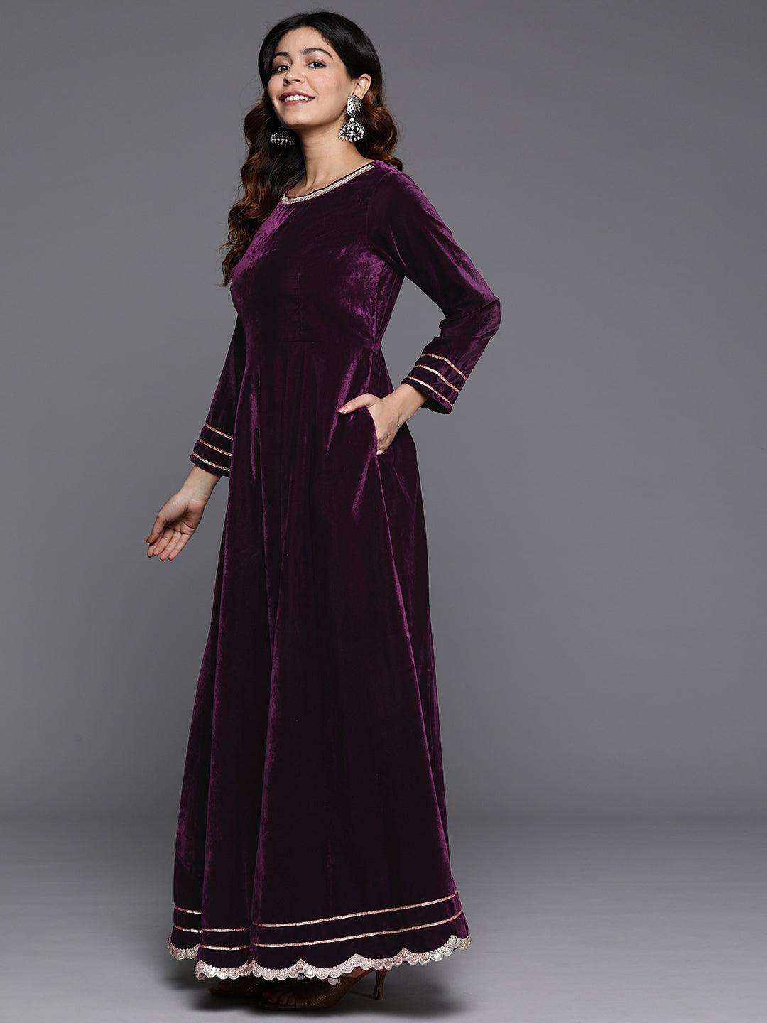 Wine Solid Velvet Anarkali Kurta With Trousers & Dupatta - ShopLibas