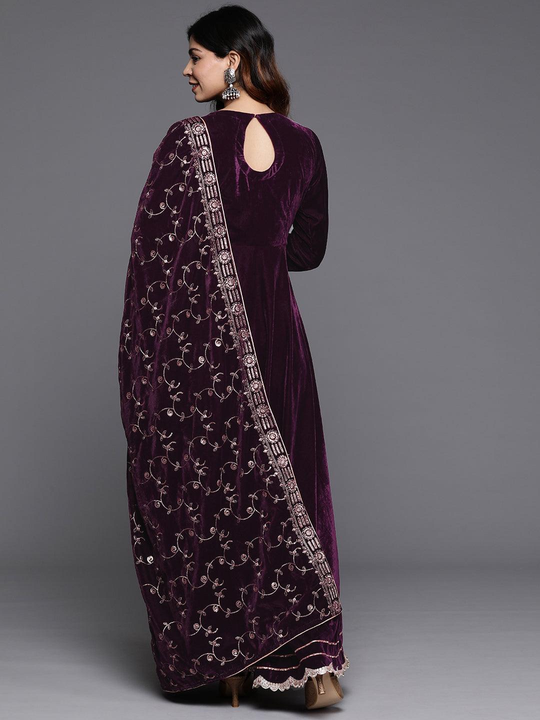 Wine Solid Velvet Anarkali Suit With Dupatta