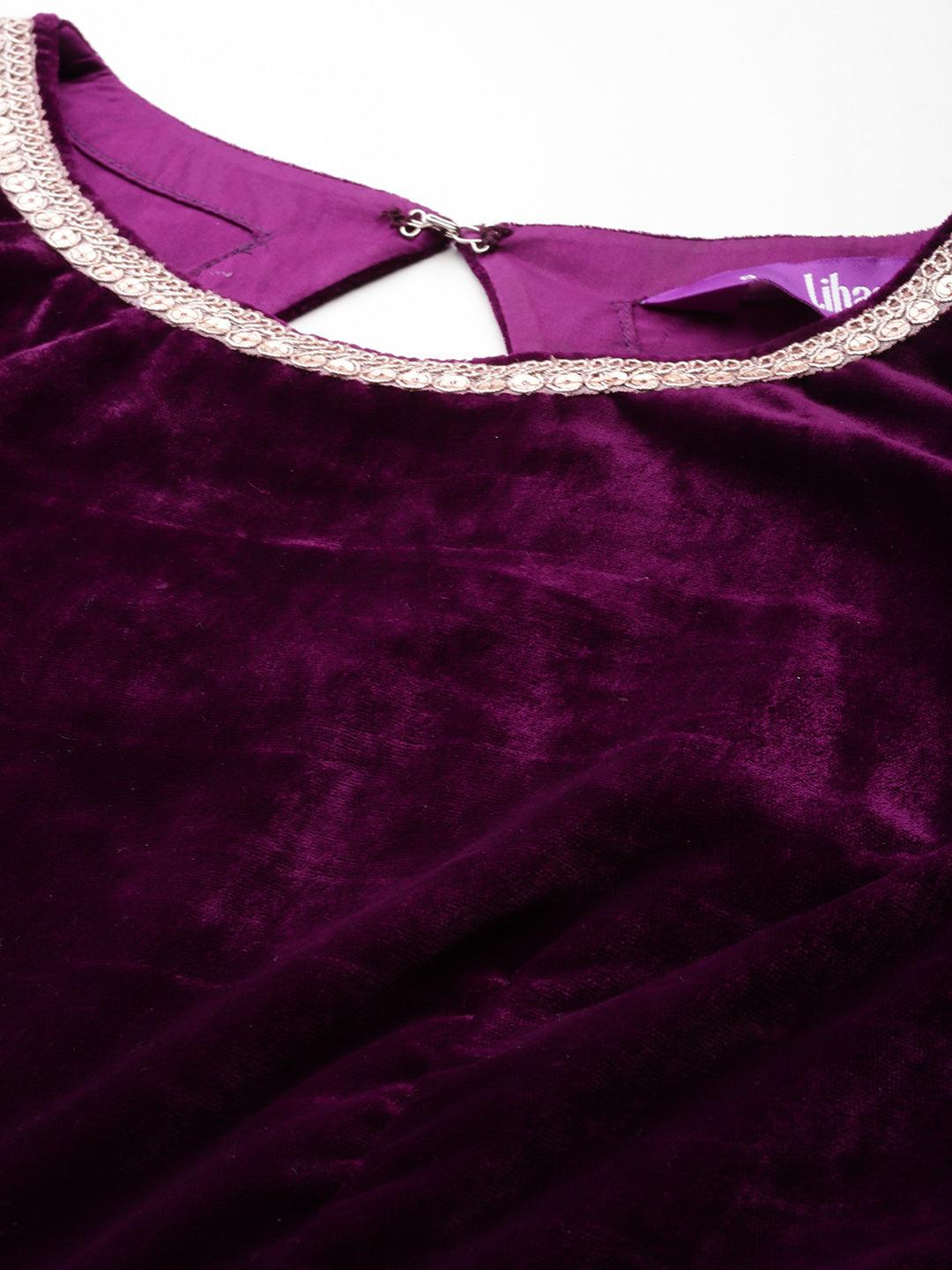 Wine Solid Velvet Anarkali Suit With Dupatta