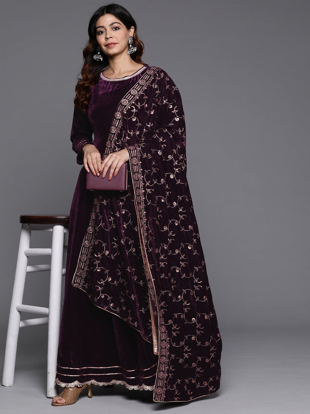 Wine Solid Velvet Anarkali Suit With Dupatta