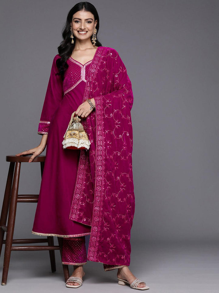 Pink Embroidered Velvet Anarkali Kurta With Trousers & Dupatta - ShopLibas