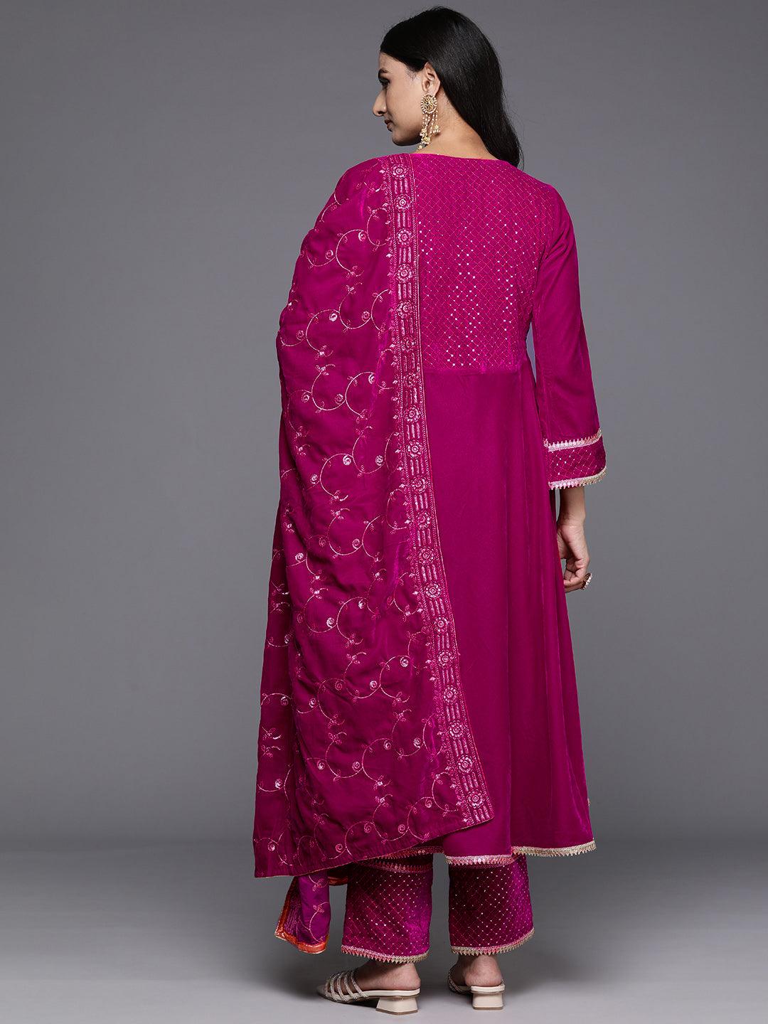 Pink Embroidered Velvet Anarkali Kurta With Trousers & Dupatta - ShopLibas