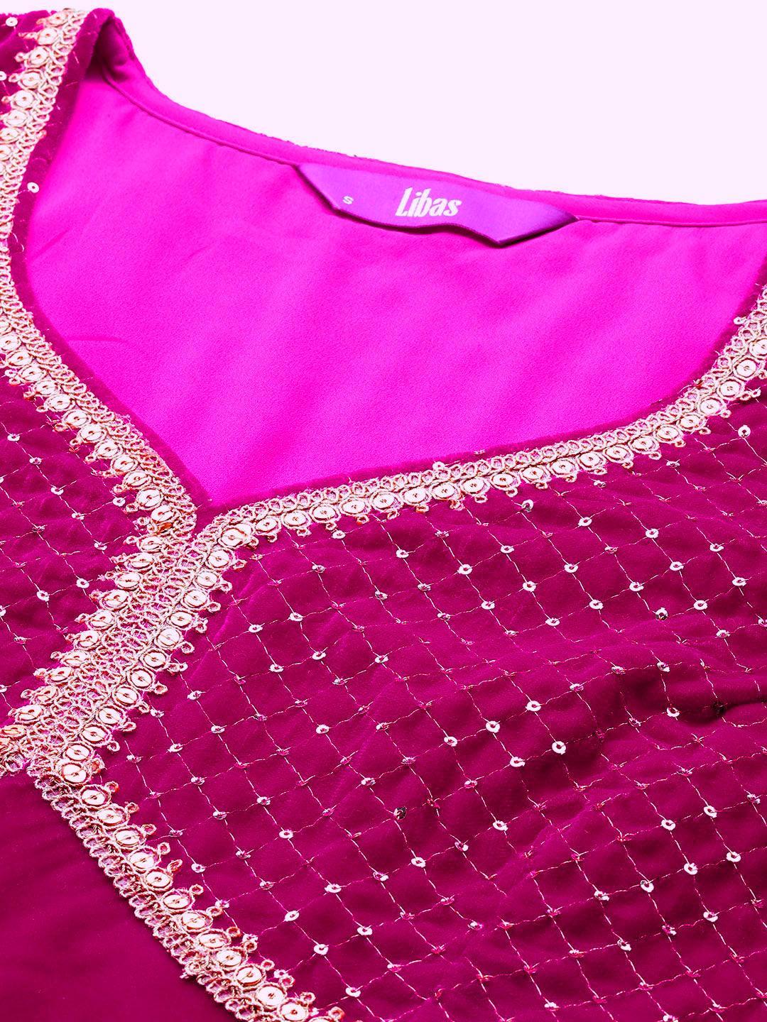 Pink Embroidered Velvet Anarkali Kurta With Trousers & Dupatta - ShopLibas