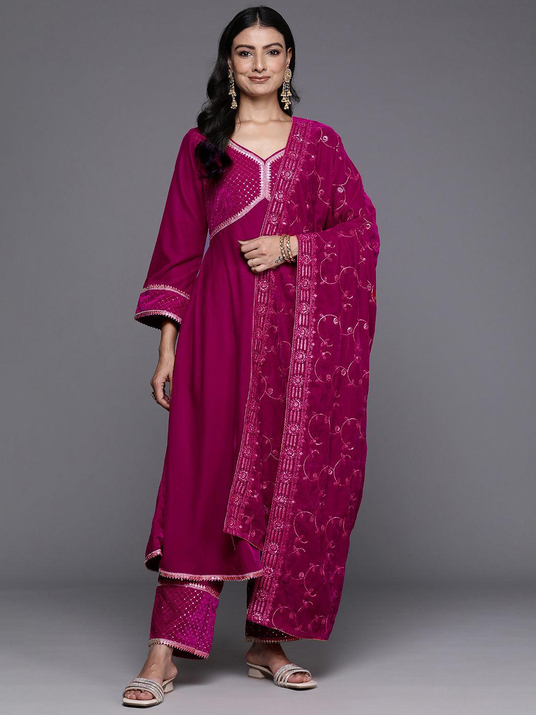 Pink Embroidered Velvet Anarkali Suit With Dupatta