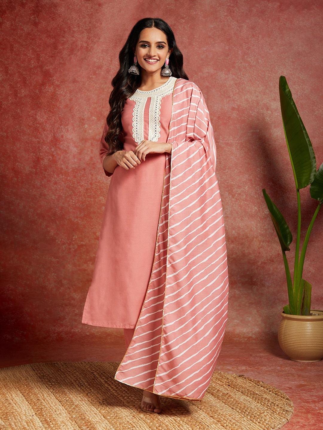 Peach Yoke Design Silk Blend Straight Kurta With Trousers & Dupatta - ShopLibas