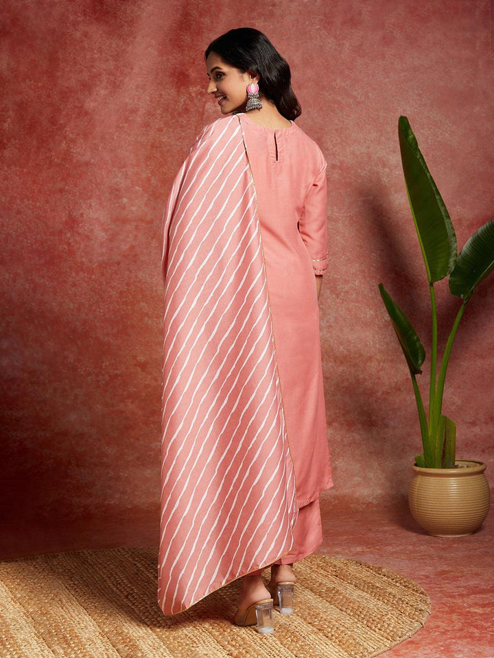 Peach Yoke Design Silk Blend Straight Kurta With Trousers & Dupatta - ShopLibas