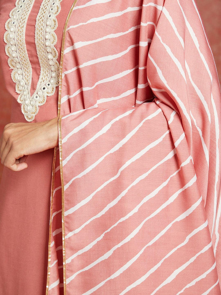 Peach Yoke Design Silk Blend Straight Kurta With Trousers & Dupatta - ShopLibas