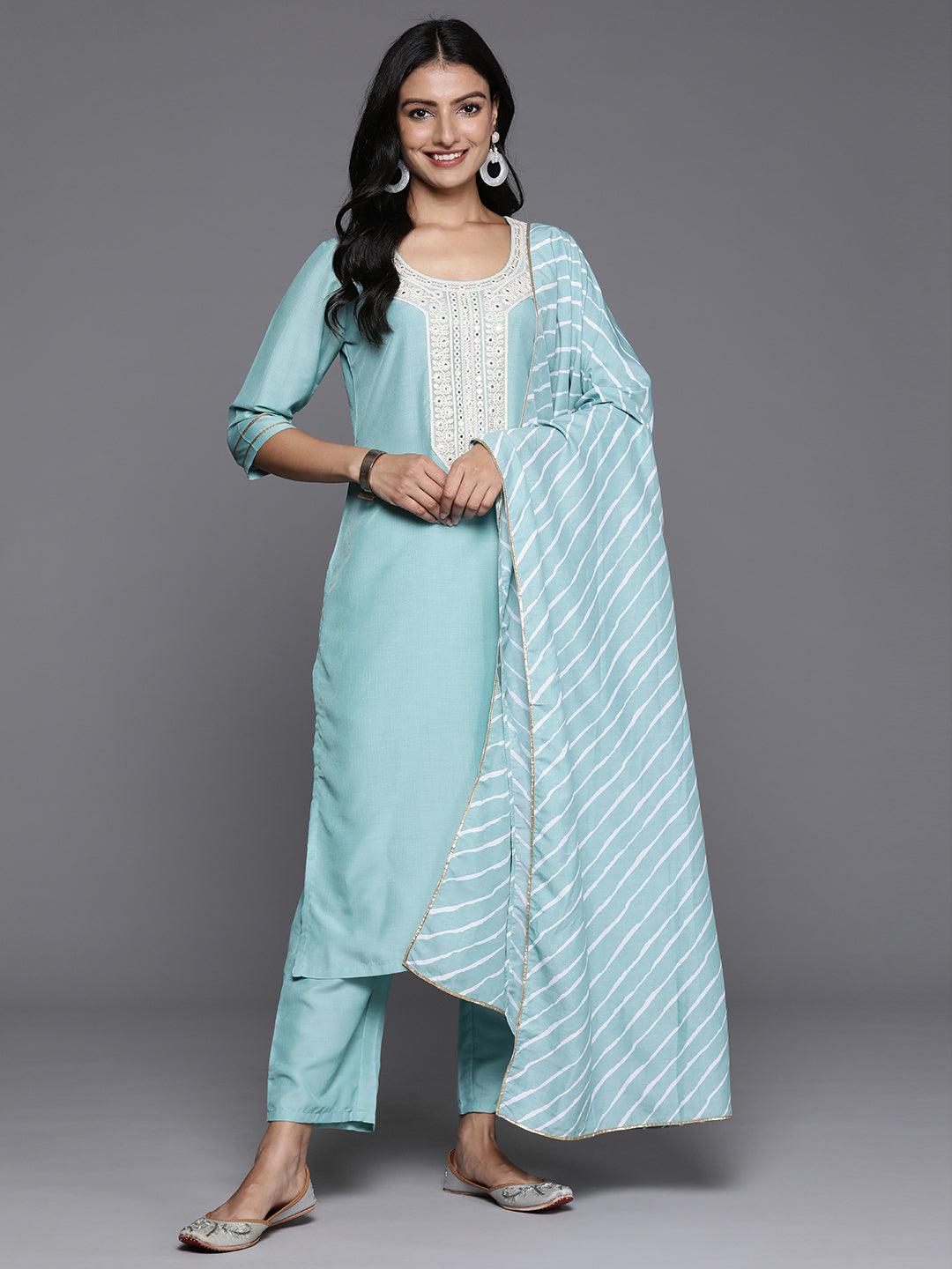 Blue Yoke Design Silk Blend Straight Kurta With Trousers & Dupatta - ShopLibas