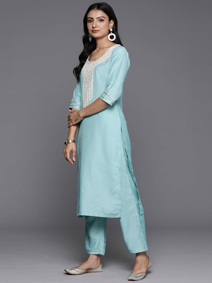 Blue Yoke Design Silk Blend Straight Kurta With Trousers & Dupatta - ShopLibas