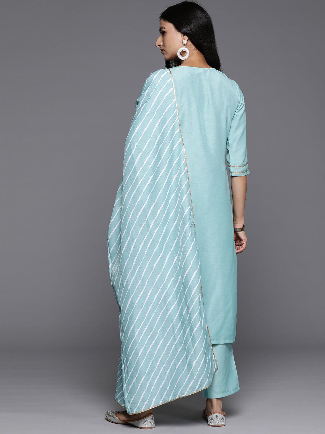 Blue Yoke Design Silk Blend Straight Kurta With Trousers & Dupatta - ShopLibas