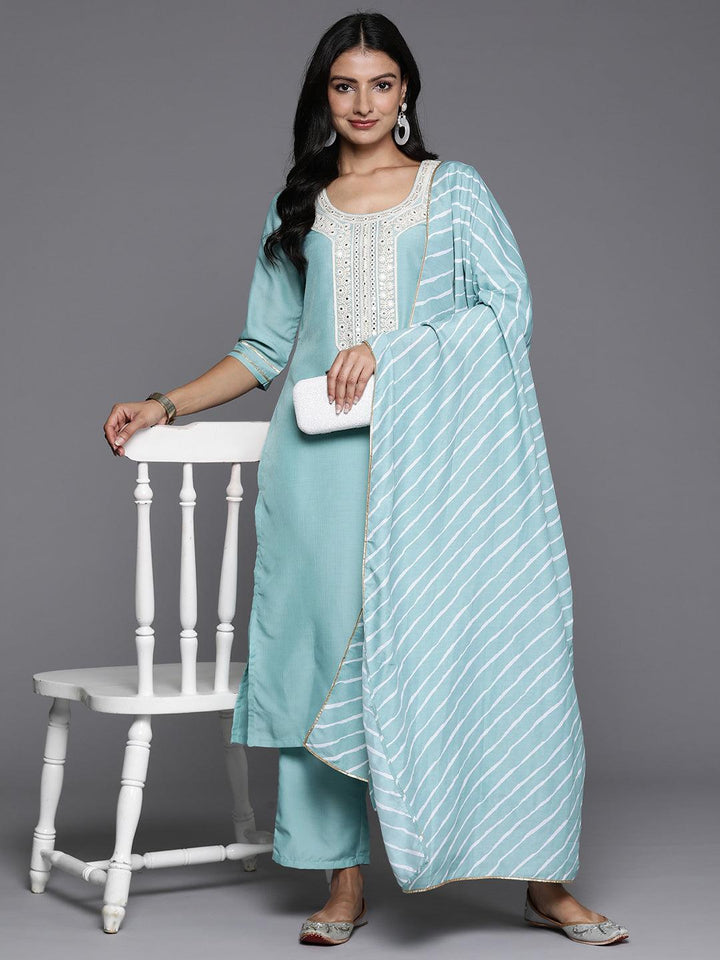 Blue Yoke Design Silk Blend Straight Kurta With Trousers & Dupatta - ShopLibas