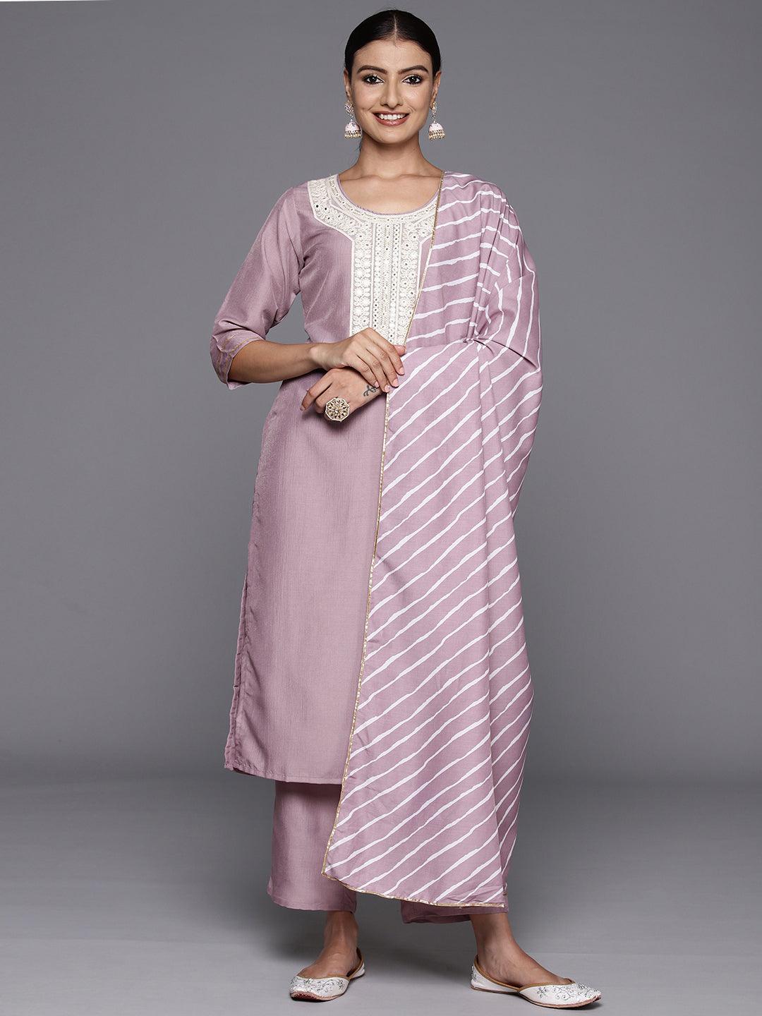 Mauve Yoke Design Silk Blend Straight Kurta With Trousers & Dupatta - ShopLibas