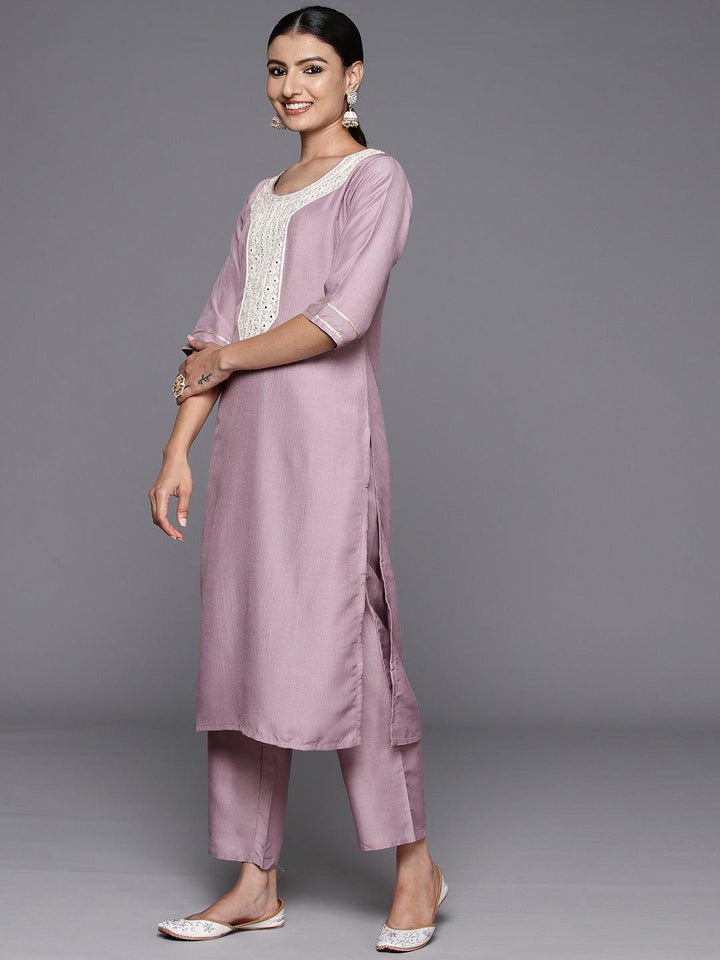 Mauve Yoke Design Silk Blend Straight Kurta With Trousers & Dupatta - ShopLibas