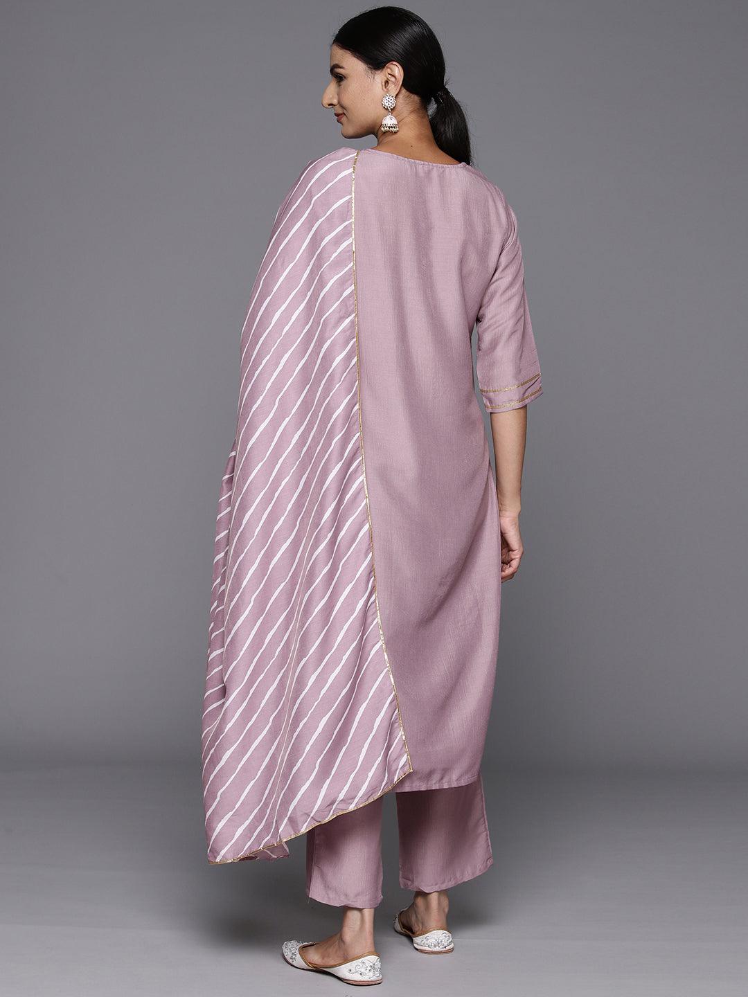 Mauve Yoke Design Silk Blend Straight Kurta With Trousers & Dupatta - ShopLibas