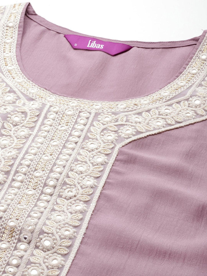 Mauve Yoke Design Silk Blend Straight Kurta With Trousers & Dupatta - ShopLibas