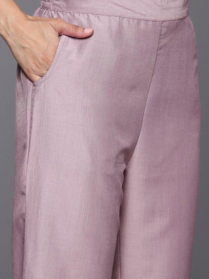 Mauve Yoke Design Silk Blend Straight Kurta With Trousers & Dupatta - ShopLibas