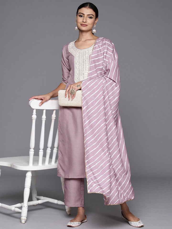 Mauve Yoke Design Silk Blend Straight Kurta With Trousers & Dupatta - ShopLibas