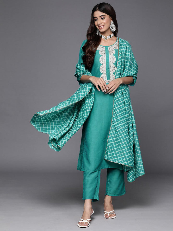 Rama Green Yoke Design Silk Blend Straight Kurta With Trousers & Dupatta - ShopLibas