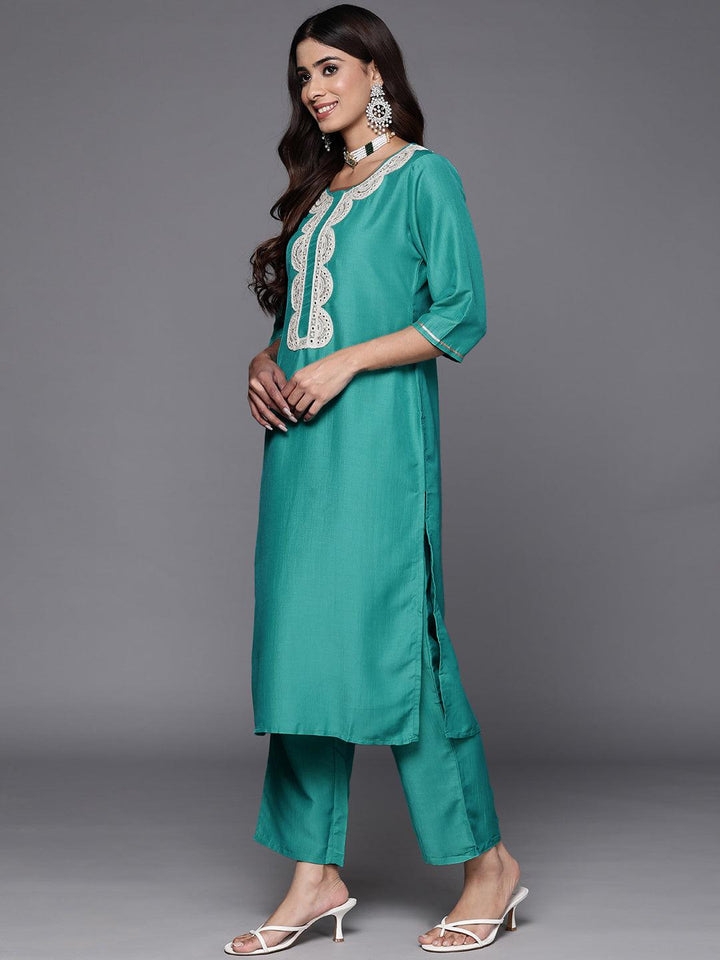 Rama Green Yoke Design Silk Blend Straight Kurta With Trousers & Dupatta - ShopLibas