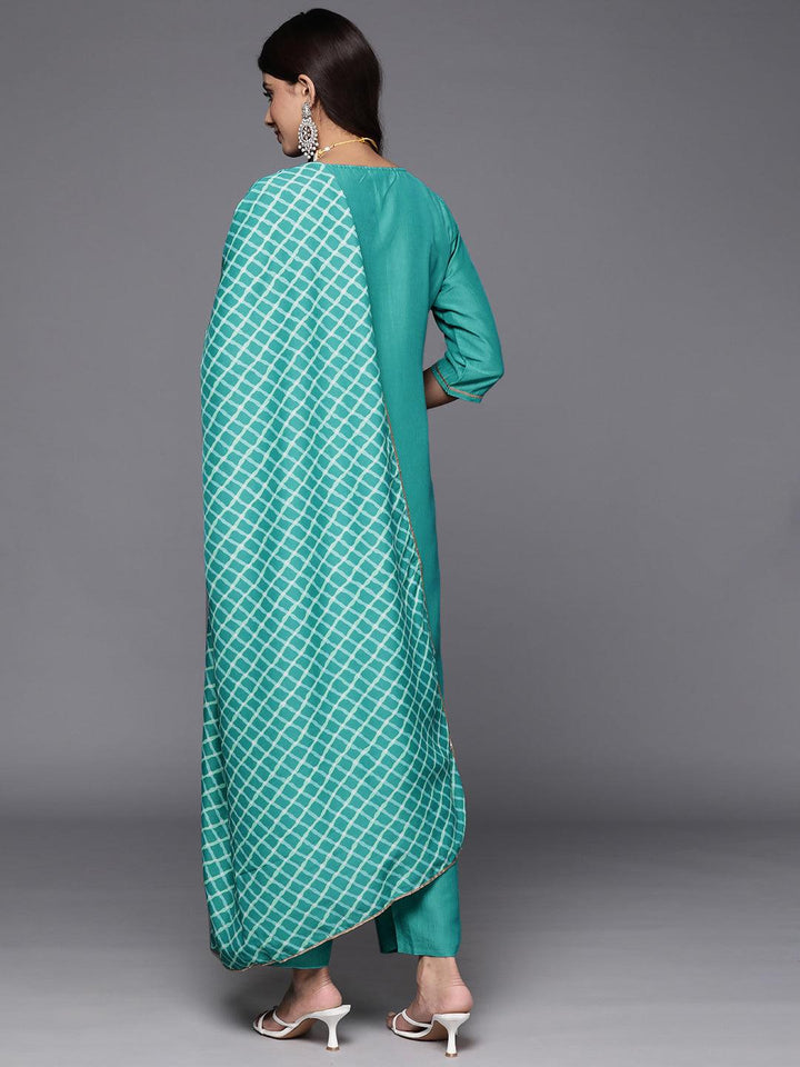 Rama Green Yoke Design Silk Blend Straight Kurta With Trousers & Dupatta - ShopLibas