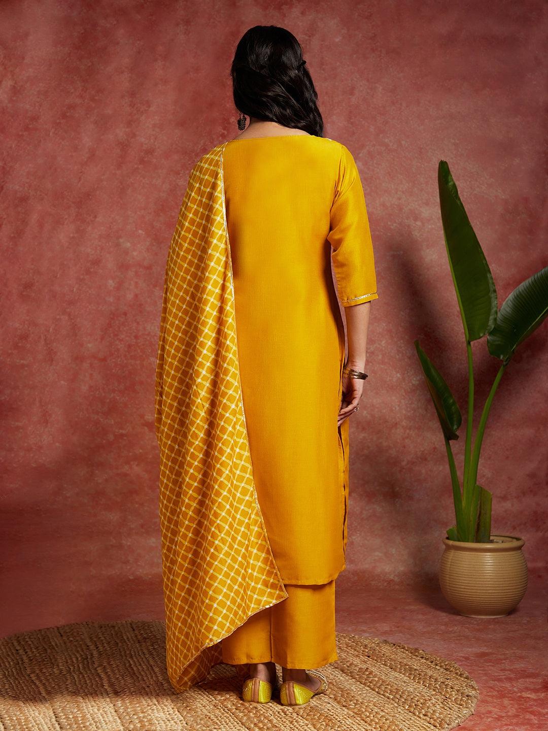 Mustard Solid Silk Blend Straight Suit With Dupatta