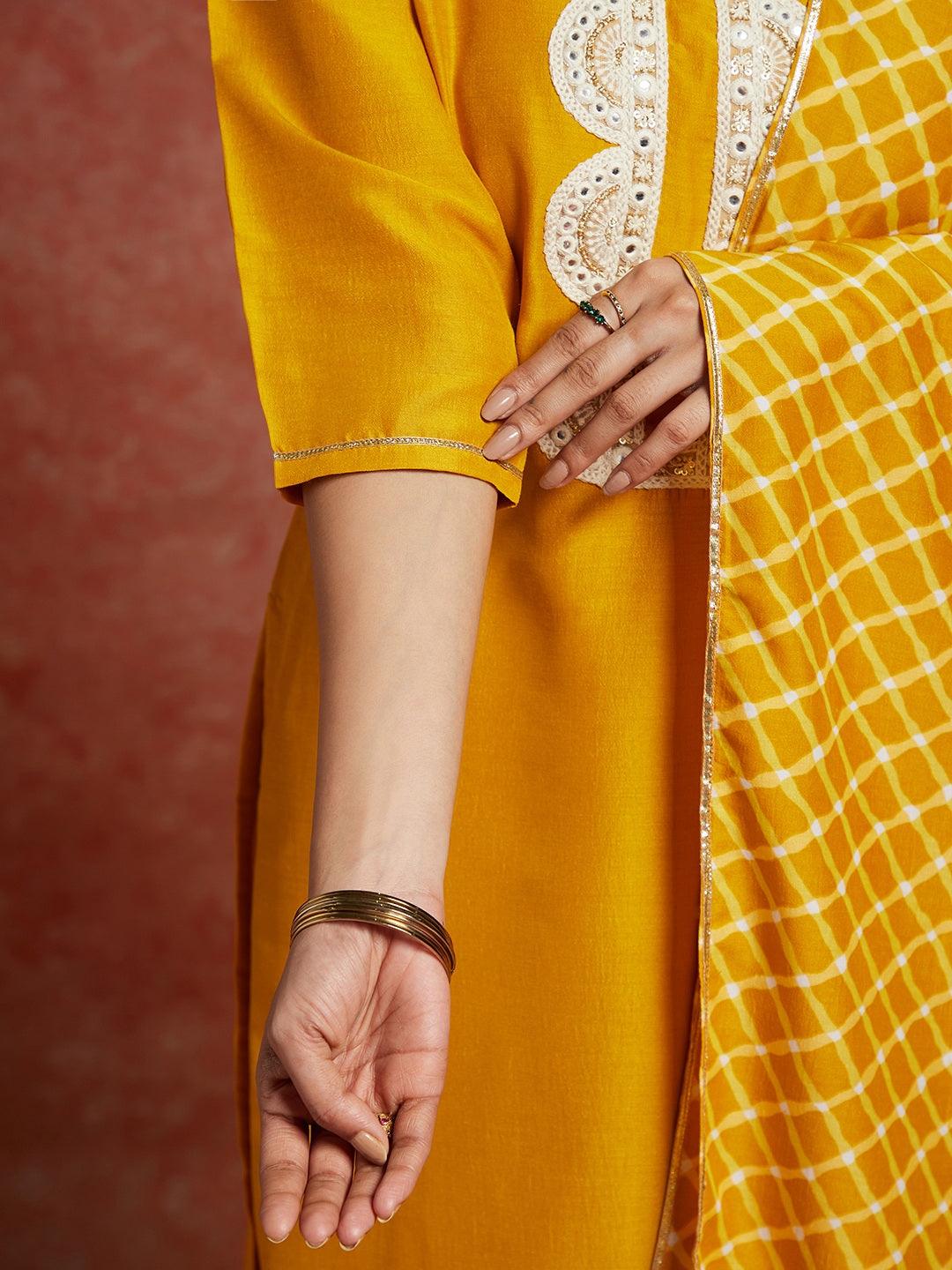 Mustard Solid Silk Blend Straight Suit With Dupatta