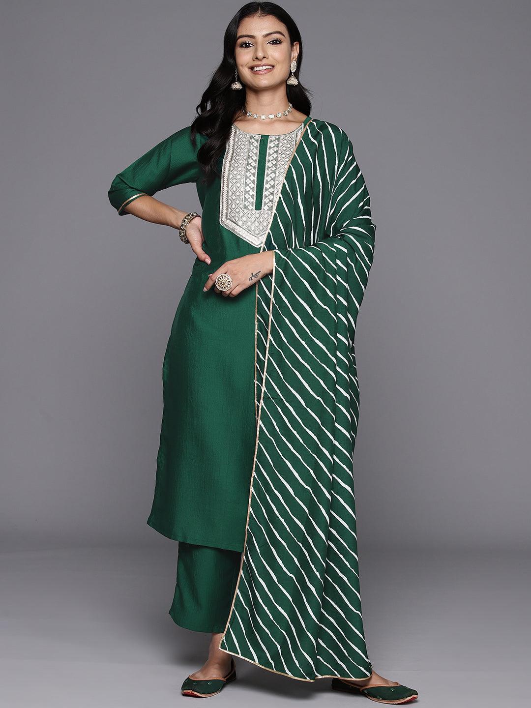 Green Yoke Design Silk Blend Straight Suit With Dupatta