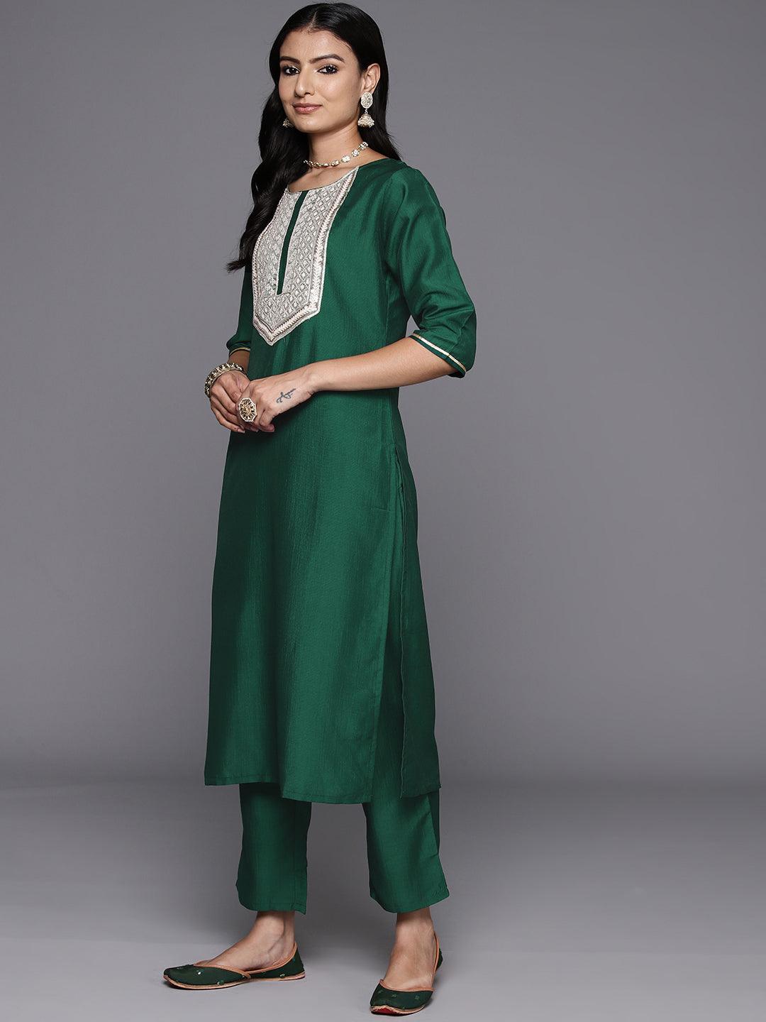 Green Yoke Design Silk Blend Straight Suit With Dupatta