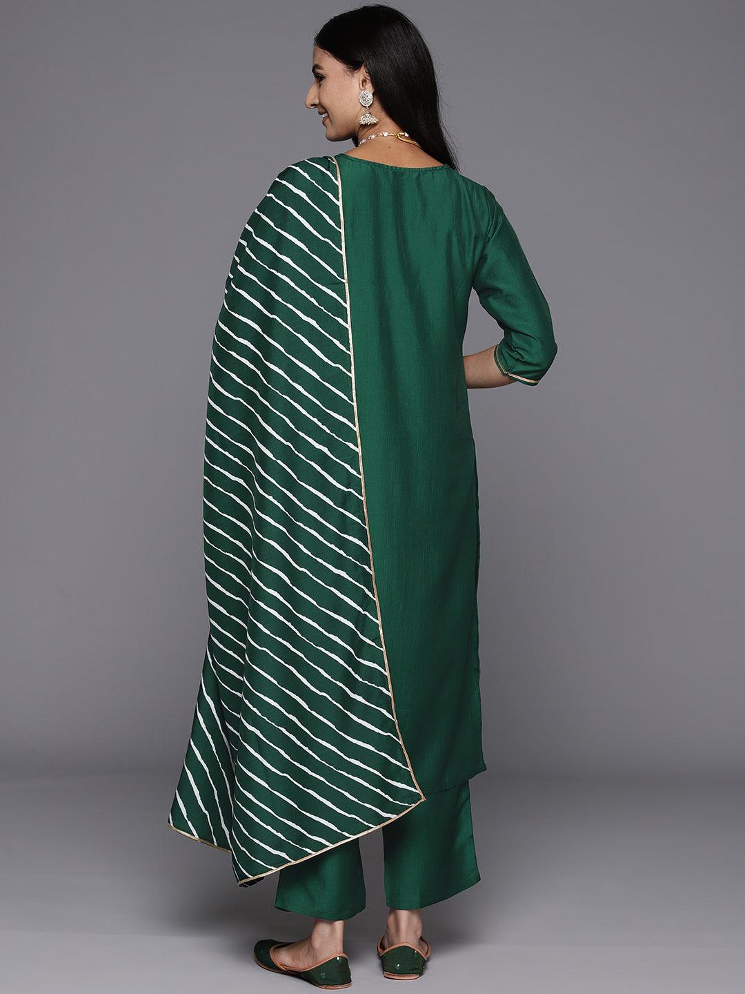 Green Yoke Design Silk Blend Straight Suit With Dupatta