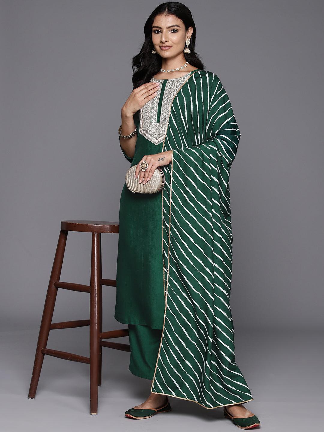 Green Yoke Design Silk Blend Straight Suit With Dupatta