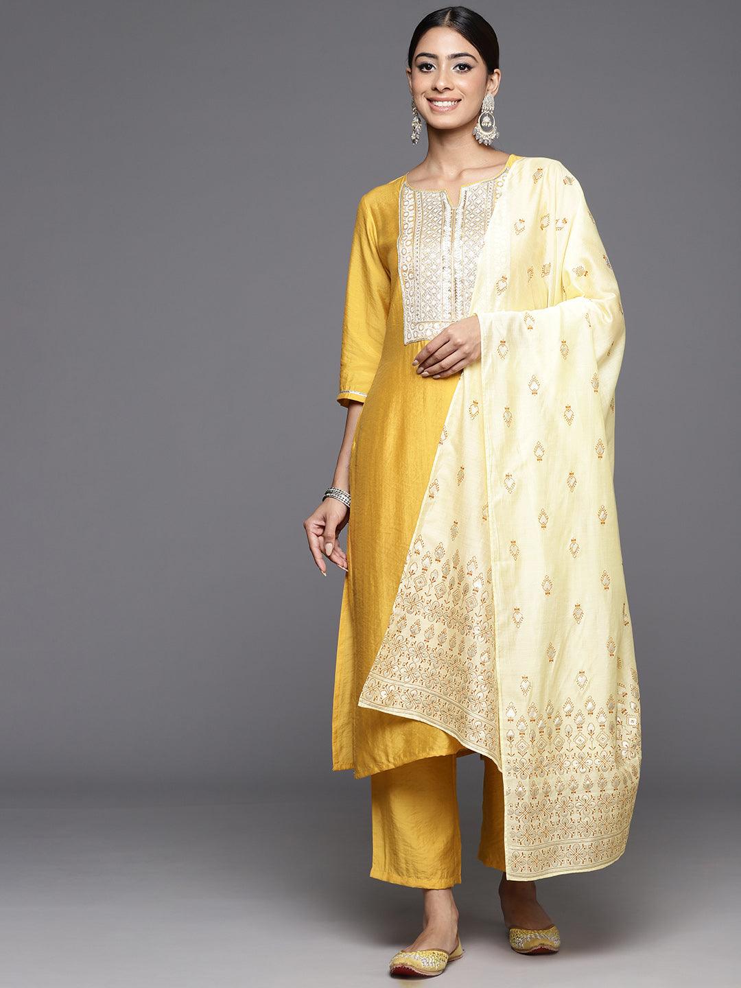 Mustard Yoke Design Silk Blend Straight Kurta With Trousers & Dupatta - ShopLibas