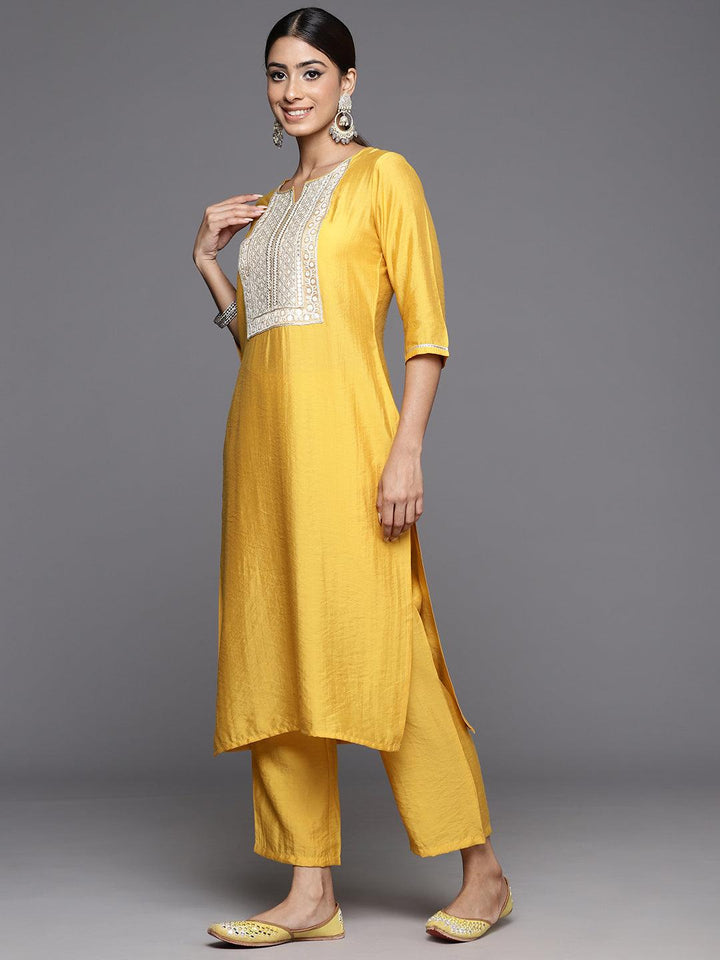 Mustard Yoke Design Silk Blend Straight Kurta With Trousers & Dupatta - ShopLibas