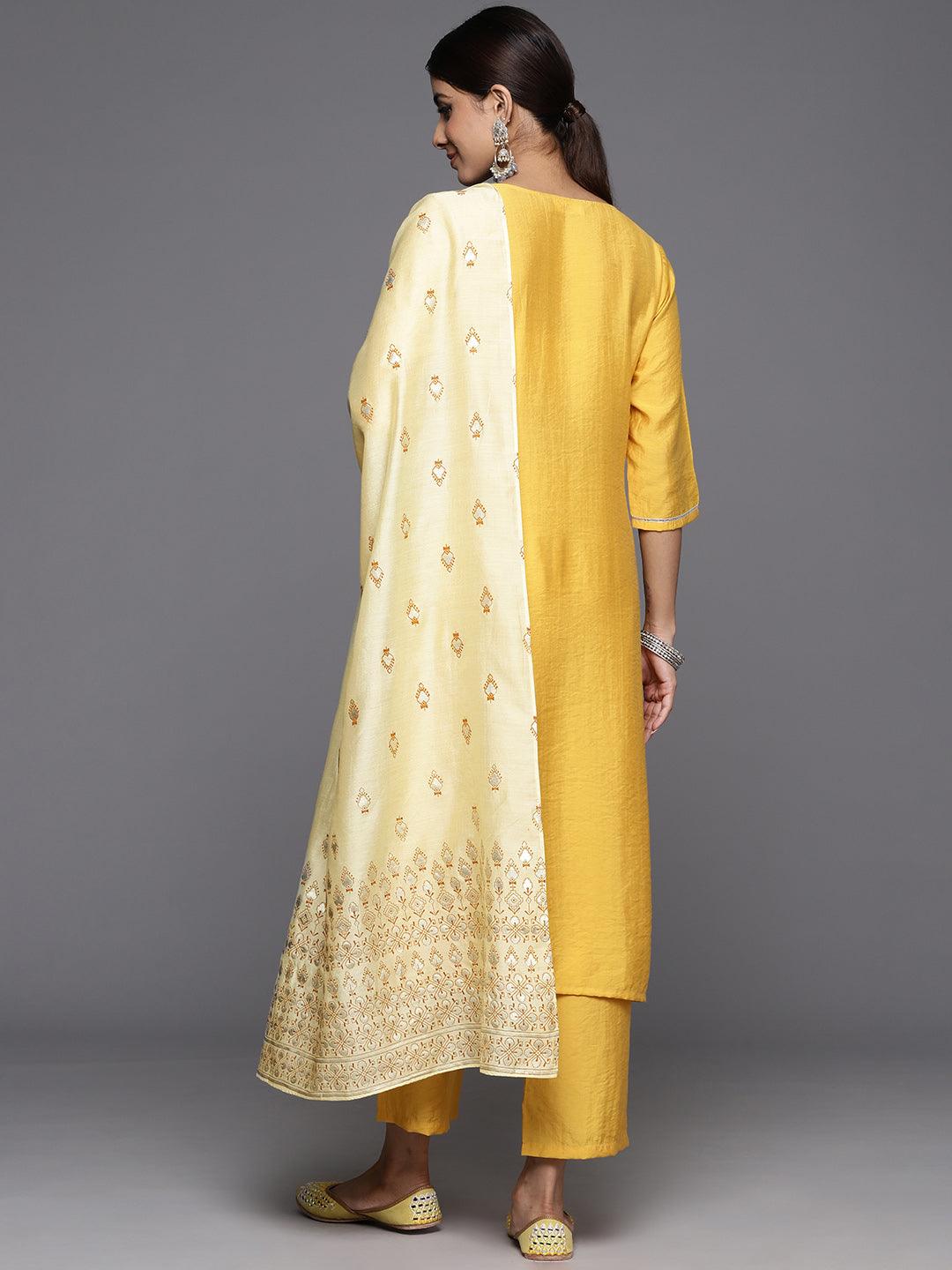 Mustard Yoke Design Silk Blend Straight Kurta With Trousers & Dupatta - ShopLibas