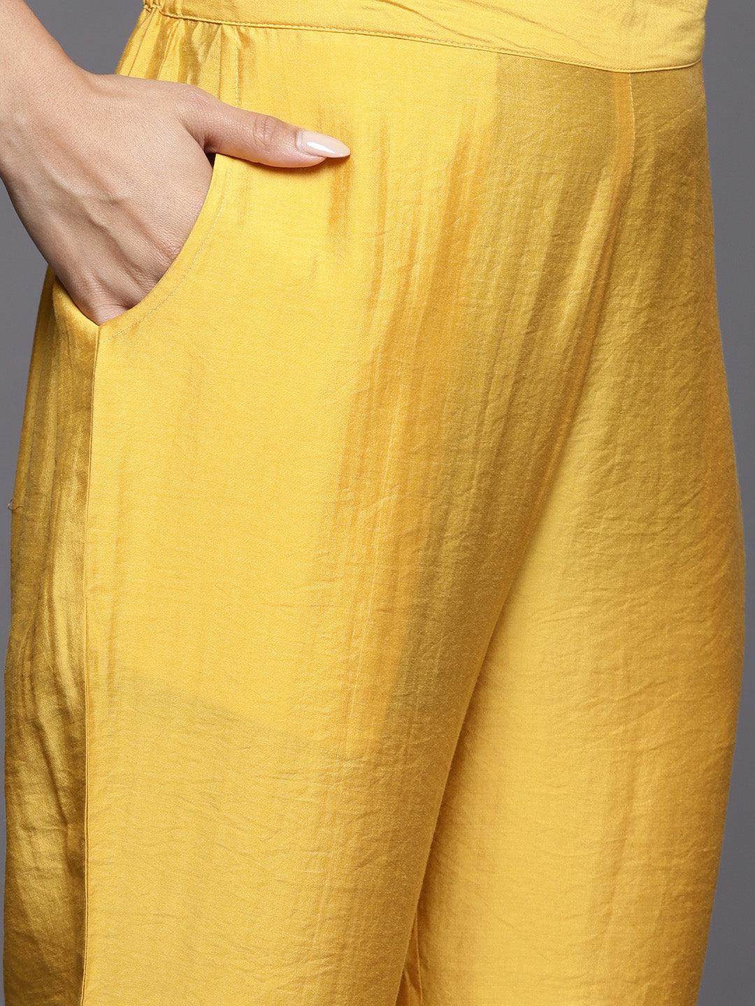 Mustard Yoke Design Silk Blend Straight Kurta With Trousers & Dupatta - ShopLibas