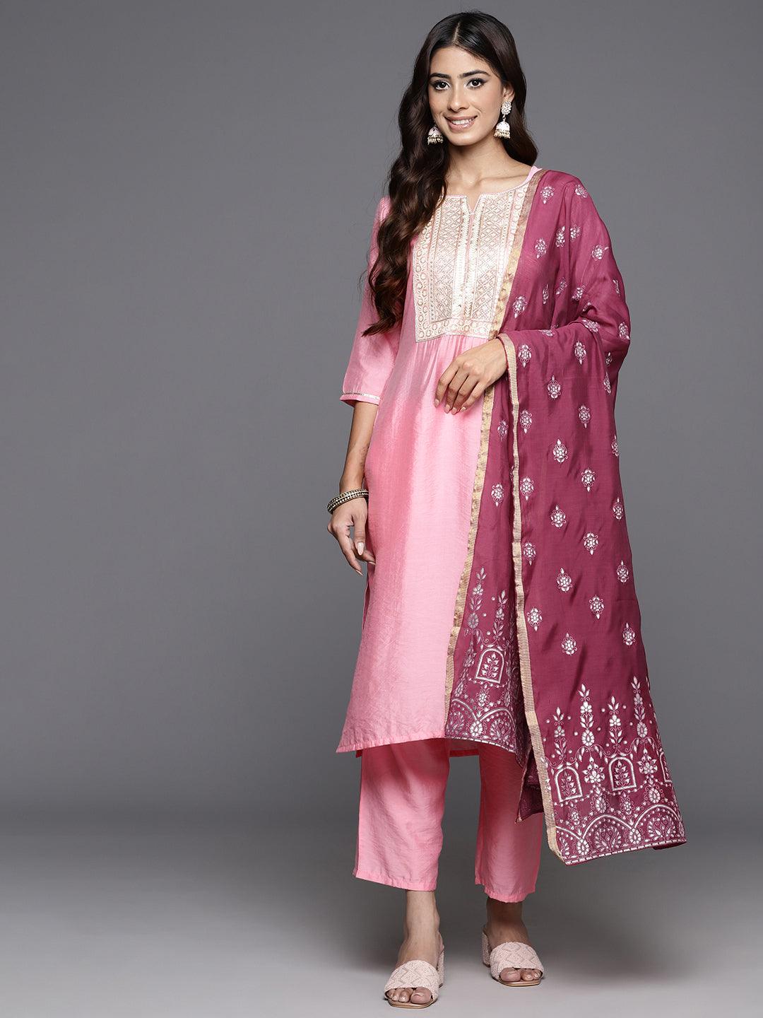 Pink Yoke Design Silk Blend Straight Kurta With Trousers & Dupatta - ShopLibas