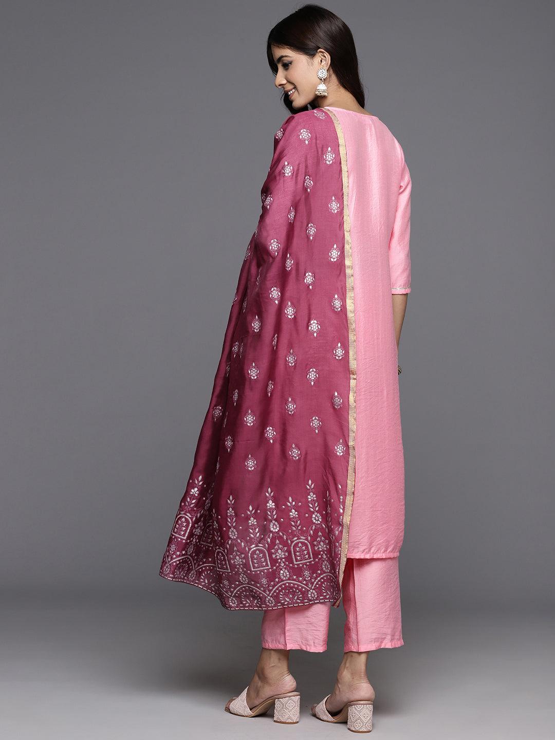 Pink Yoke Design Silk Blend Straight Kurta With Trousers & Dupatta - ShopLibas