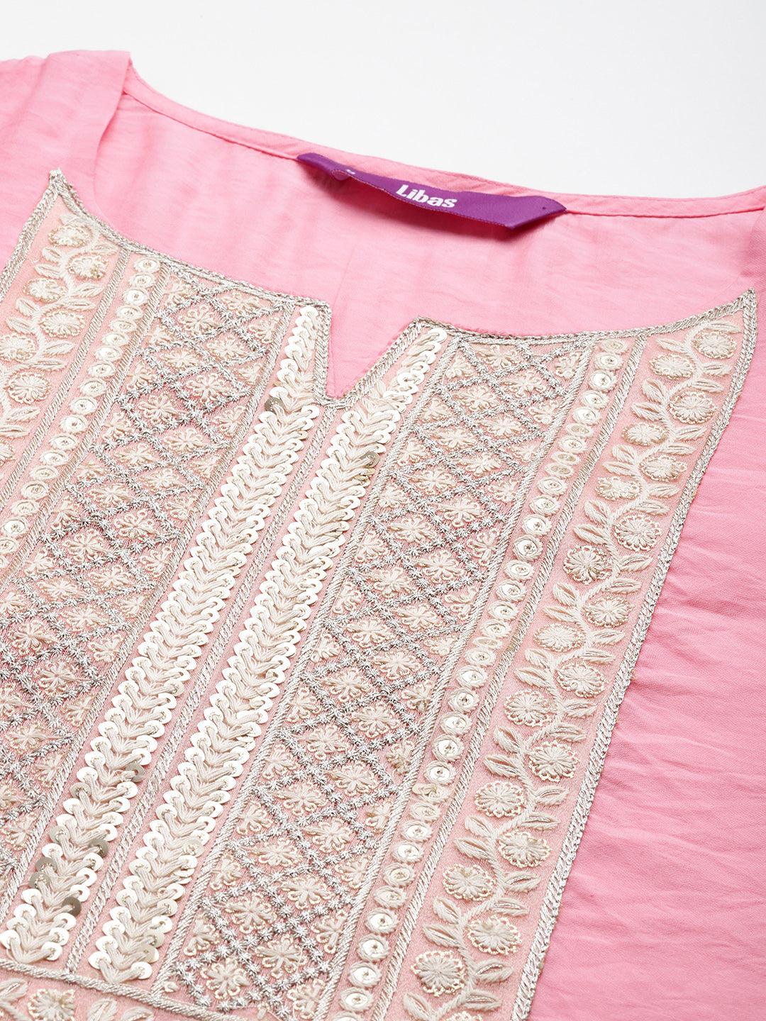 Pink Yoke Design Silk Blend Straight Suit With Dupatta