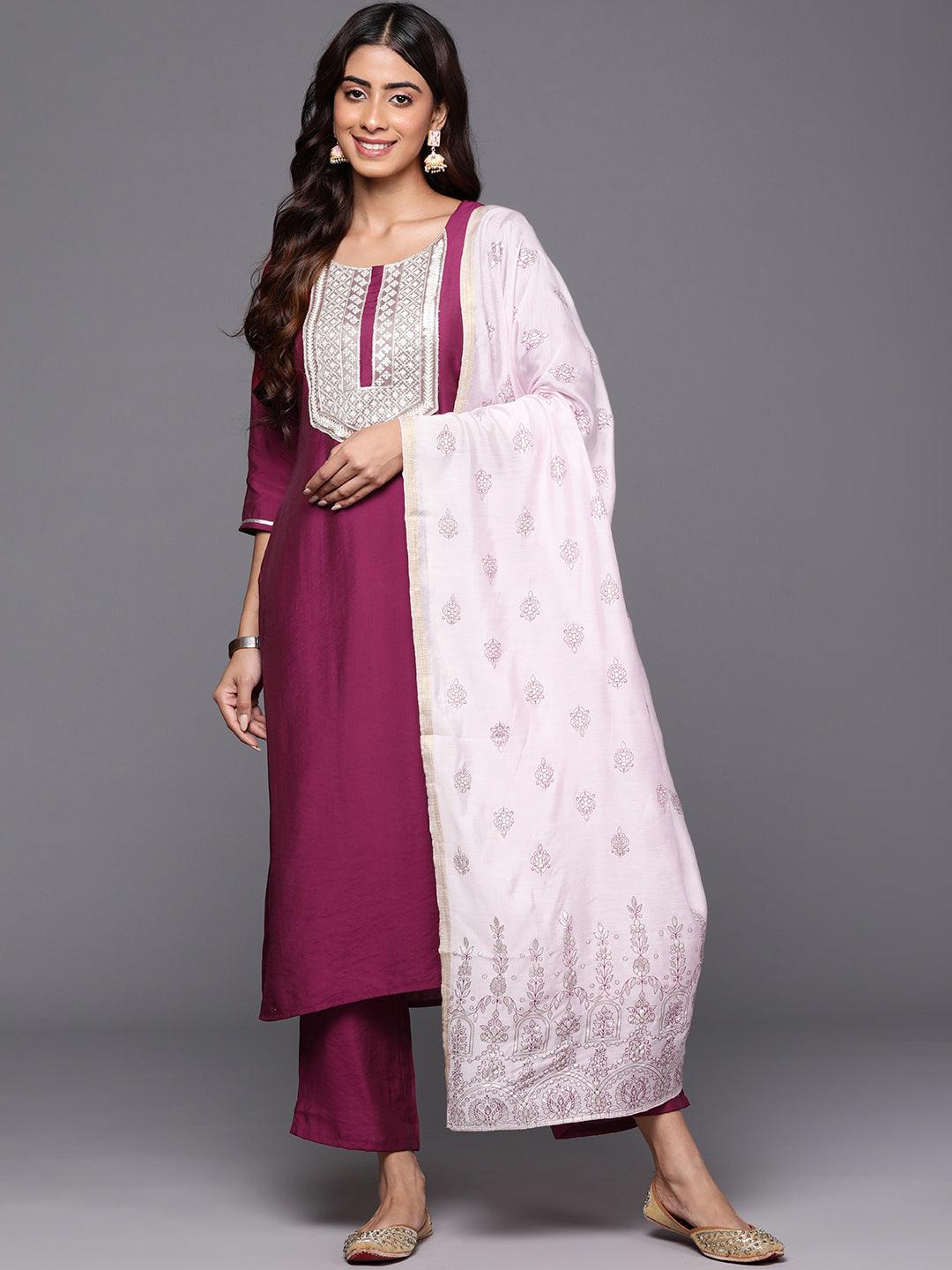 Wine Yoke Design Silk Blend Straight Suit With Dupatta