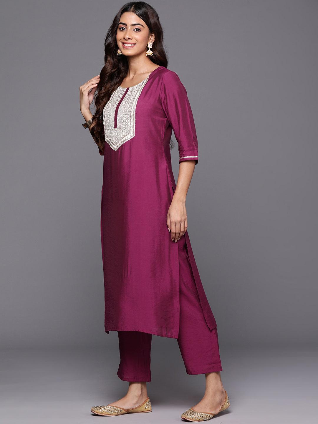 Wine Yoke Design Silk Blend Straight Suit With Dupatta