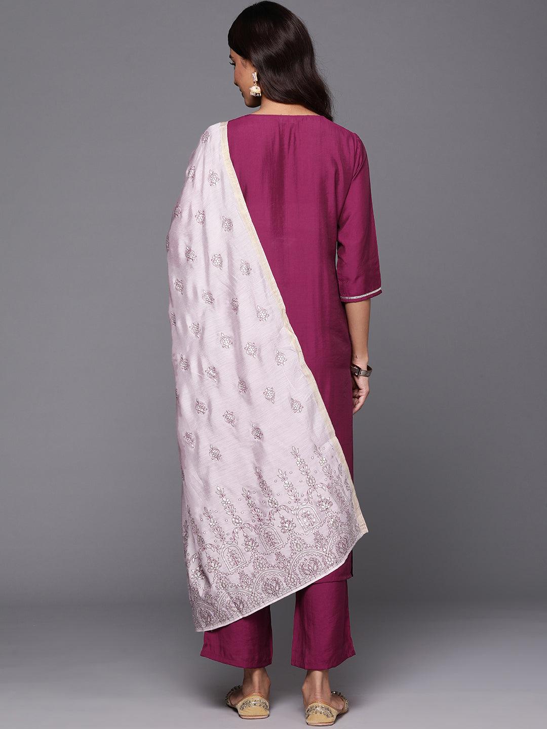 Wine Yoke Design Silk Blend Straight Suit With Dupatta