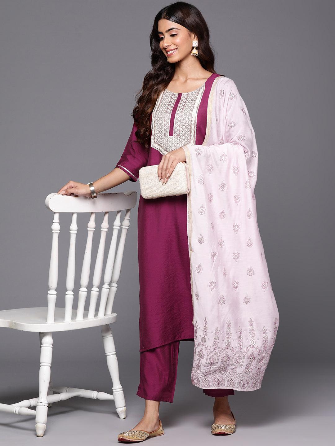 Wine Yoke Design Silk Blend Straight Suit With Dupatta