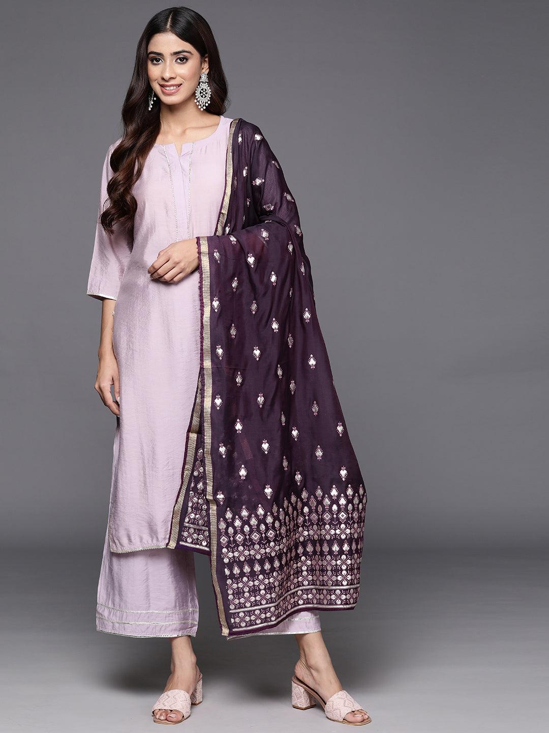 Mauve Solid Silk Blend Straight Kurta With Palazzos & Dupatta - ShopLibas