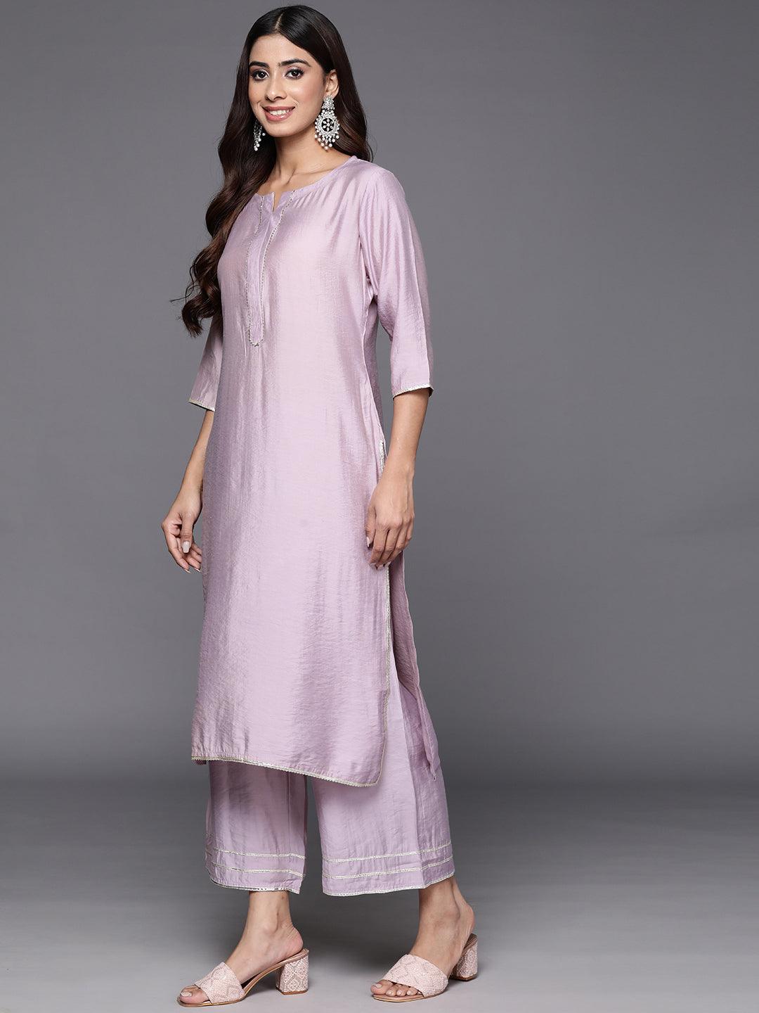 Mauve Solid Silk Blend Straight Kurta With Palazzos & Dupatta - ShopLibas